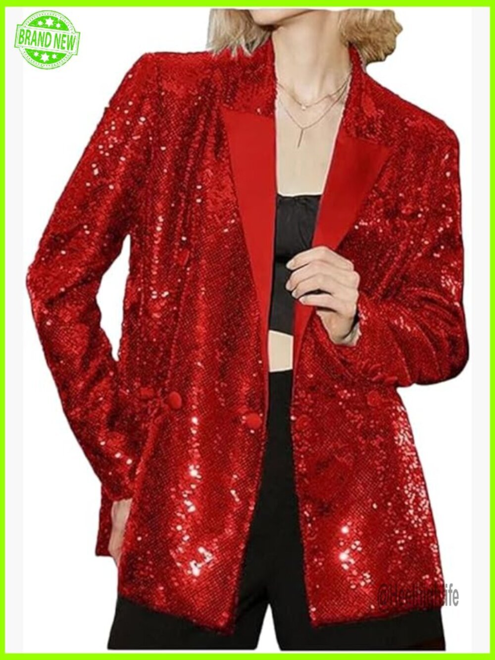 Sequined Blazer Double Breasted Notch Lapel Loose Fit Jacket Prom Party